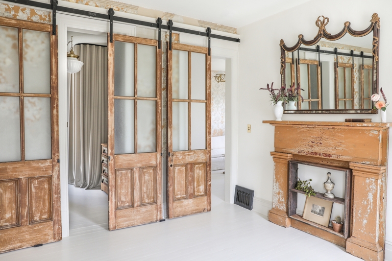 Sliding Door Room Divider with Distressed Wood and Frosted Glass
