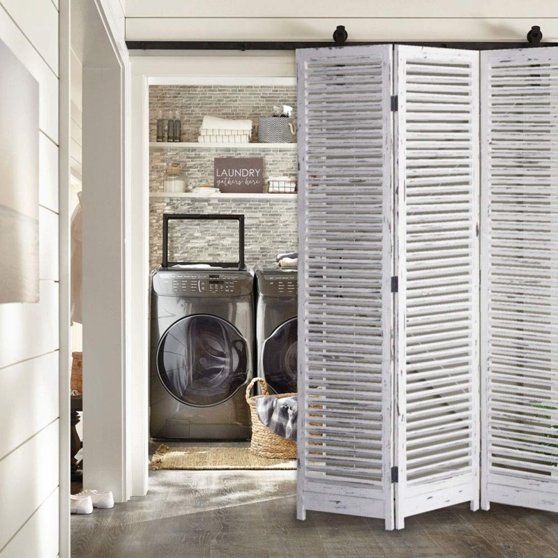 Sliding Louvered Room Divider on Black Barn Door Track