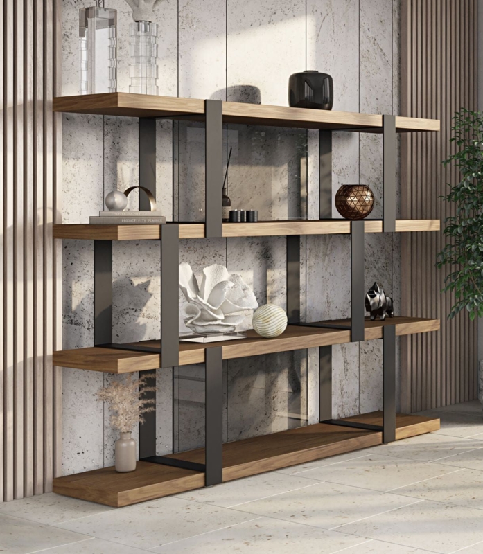 Slim Black Metal Bookshelf Walnut Staggered Industrial Open Bookcase