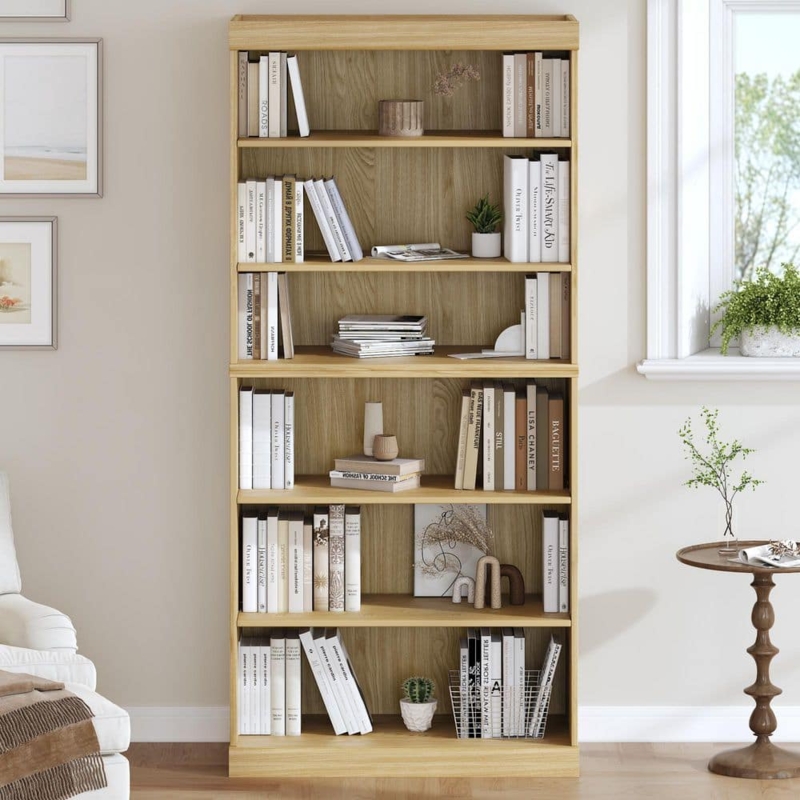 Slim Natural Wood Bookcase with Adjustable Shelves and Closed Back