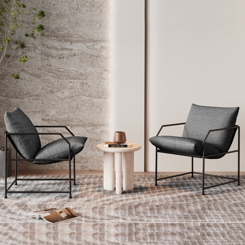 Sling Accent Chair Set Charcoal Fabric Metal Frame Mid Century