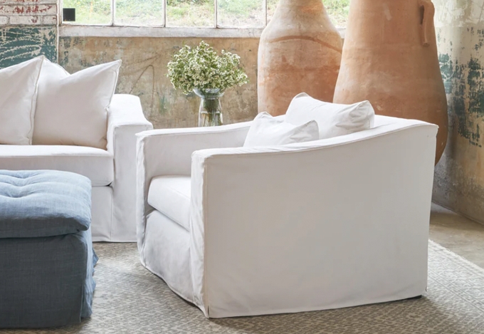 Slipcovered Armchair Linen Sloped Track Arms Coastal