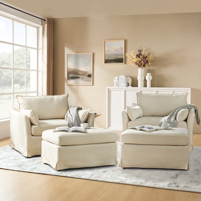 Slipcovered Chair and a Half with Ottoman, Farmhouse Style