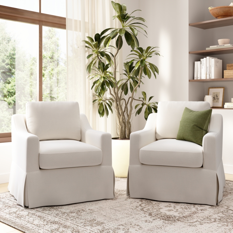 Slipcovered Swivel Accent Chair Set in Oatmeal Linen