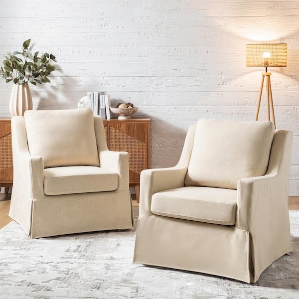 Slipcovered Swivel Accent Chair Set Sloped Arms Beige