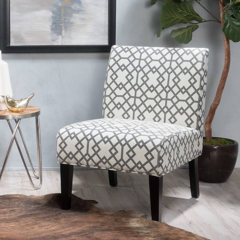 Slipper Chair Grey Trellis Pattern Armless Dark Wood Legs