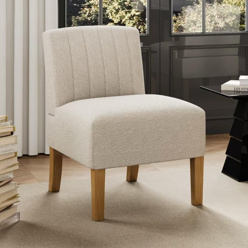 Slipper Chair: Modern Beige Woven Fabric with Tapered Wood Legs