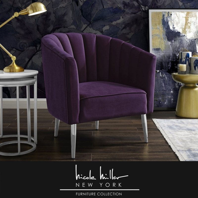 Slipper Chair Purple Velvet Polished Chrome X-Base Button Tufted Back
