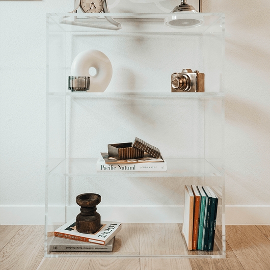 Small Acrylic Bookcase, Three-Tier Thick Frame for Airy Apartment Storage