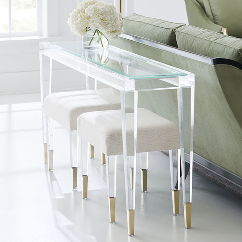 Small Bench Cream Upholstered Square Seat Clear Acrylic Legs Gold Feet