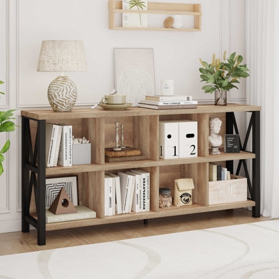 Small Bookcase Warm Brown Finish Solid Back Transitional Low Profile