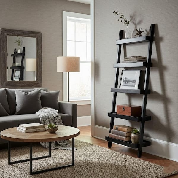 Smooth Black Leaning Bookshelf Minimalist Five Tier Wall Storage