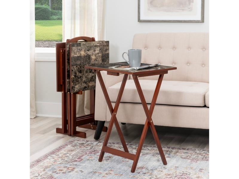 Snack Table Set Faux Marble Top Folding Espresso Finish with Stand