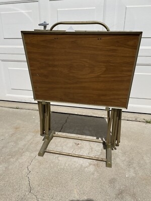 Snack Table Set: Wood Grain Pattern, Portable Stand, Mid Century Trays