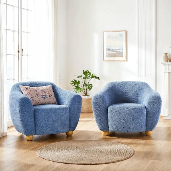 Soft Blue Boucle Accent Chairs Pair Splayed Wood Legs Contemporary