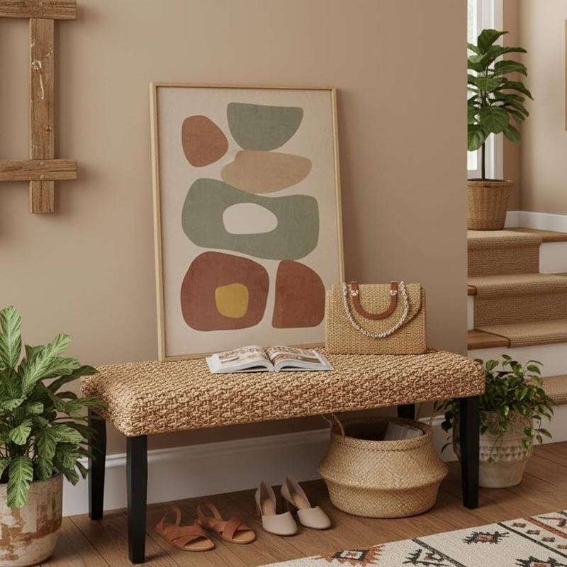 - Solid Wood Acacia Indoor Bench with Natural Woven Seat, Boho  Bench Entryway, Wood Bench for Living Room, Wooden Bench for Bedroom,  Farmhouse Entryway Bench, Dining Benches (Black, Water Hyacinth) -