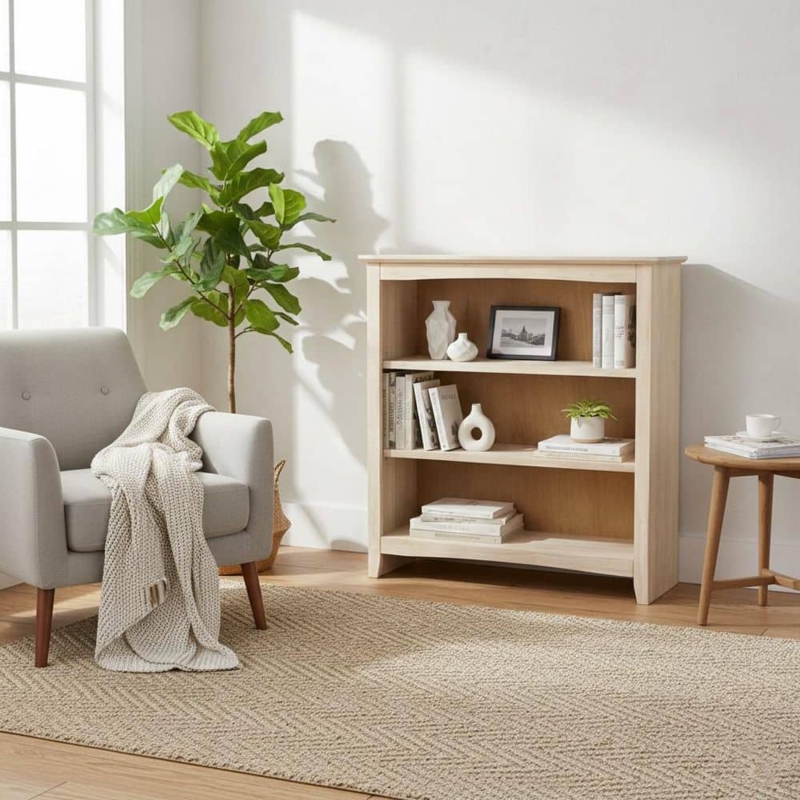 Solid Wood Bookcase Unfinished Surface Exposed Grain
