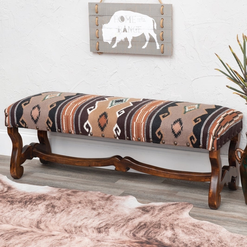 Southwestern Upholstered Bench Diamond Pattern Turned Legs Rustic Accent