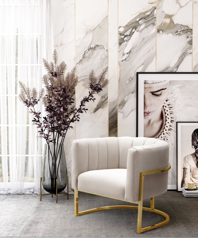 Spotted Velvet Accent Chair on Polished Gold Pedestal Base