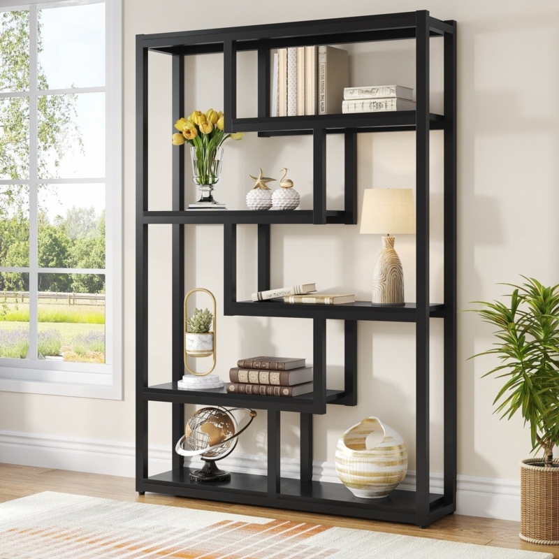 Staggered Etagere Bookshelf, Geometric Metal Frame & Dark Wood Tiers