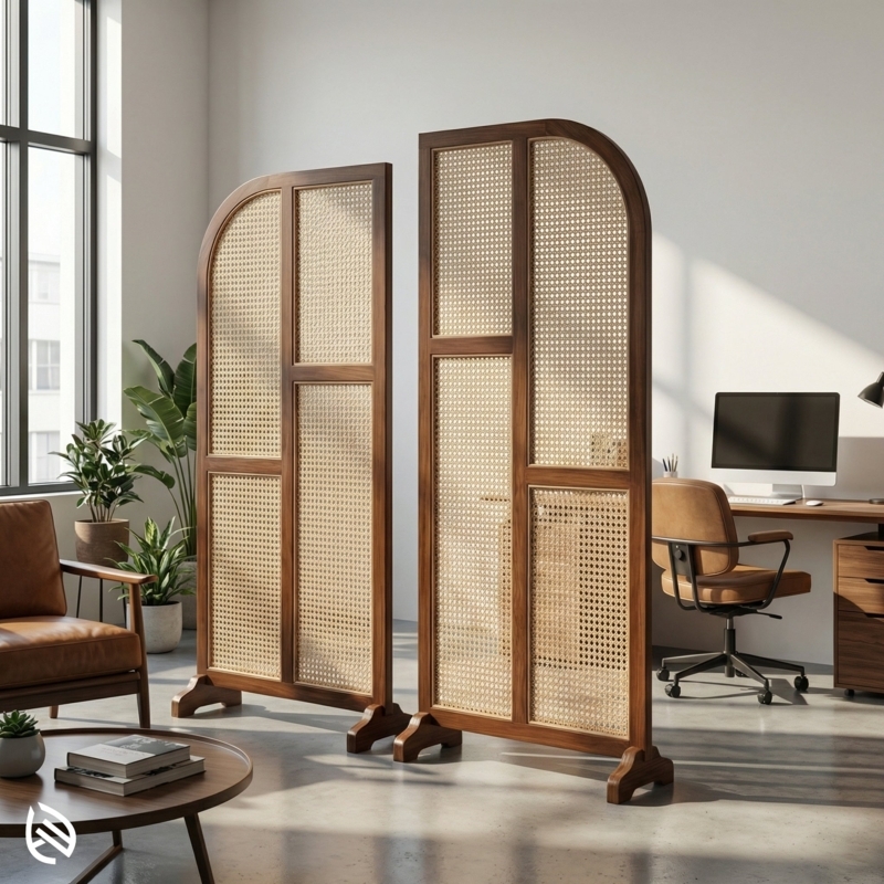 Staggered Height Cane Room Divider with Arched Tops for Bohemian Cafe