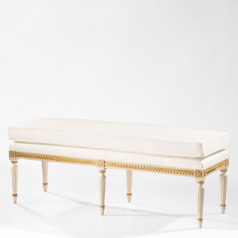 Stately Upholstered Bench featuring Metallic Leaf Relief Carving