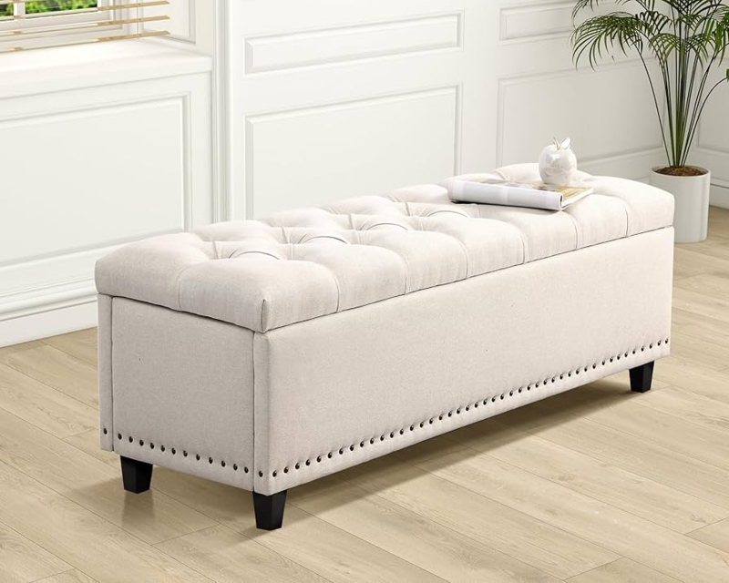Storage Bench Beige Linen Button Tufted Lift Top 30 Gallon Capacity