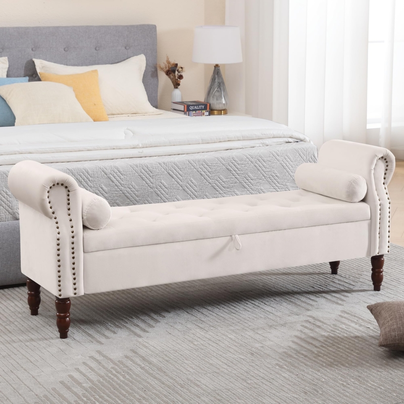 Storage Bench Beige Tufted Lid Bolster Pillows, Elegant End of Bed Seating.