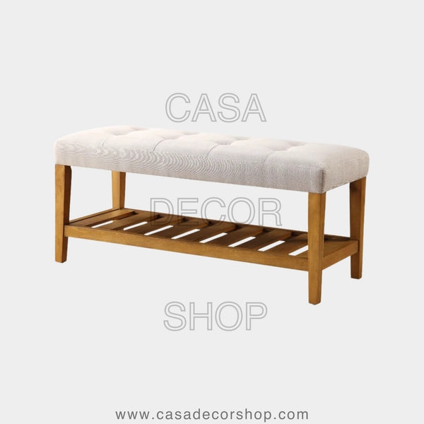 Storage Bench Beige Tufted Seat Slatted Wood Shelf Transitional Style