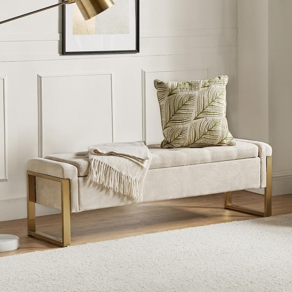 Storage Bench Beige Upholstered Seat with Gold Sled Legs and Tufted Top