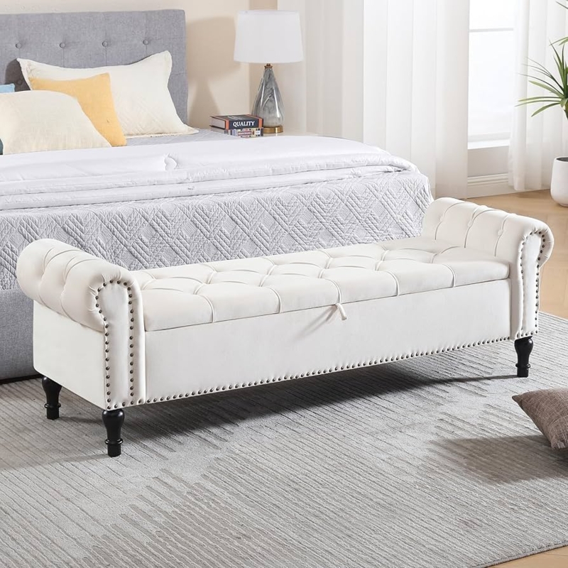 Storage Bench Beige Velvet Integrated Arms Gold Legs 67 Inch Long Glam