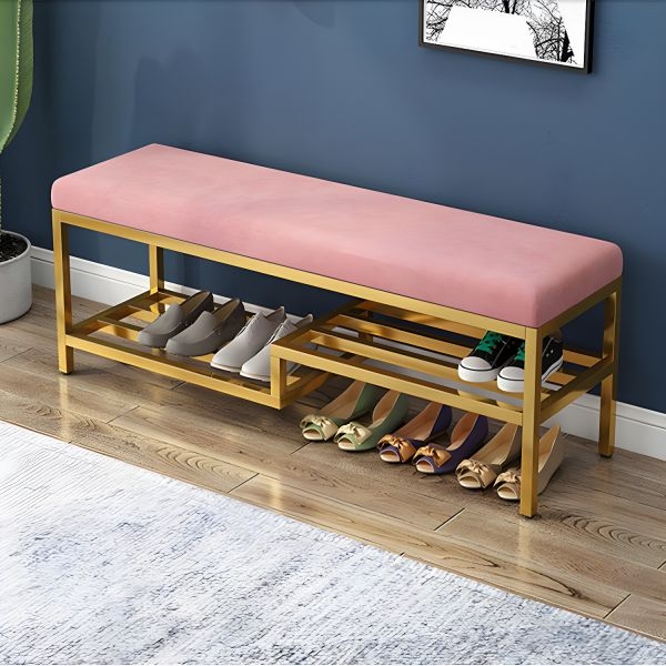 Storage Bench Blush Pink Velvet Cushion Gold Metal Shoe Rack