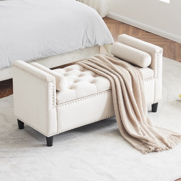 Storage Bench, Bolster Pillows, Cream Velvet, Button Tufting