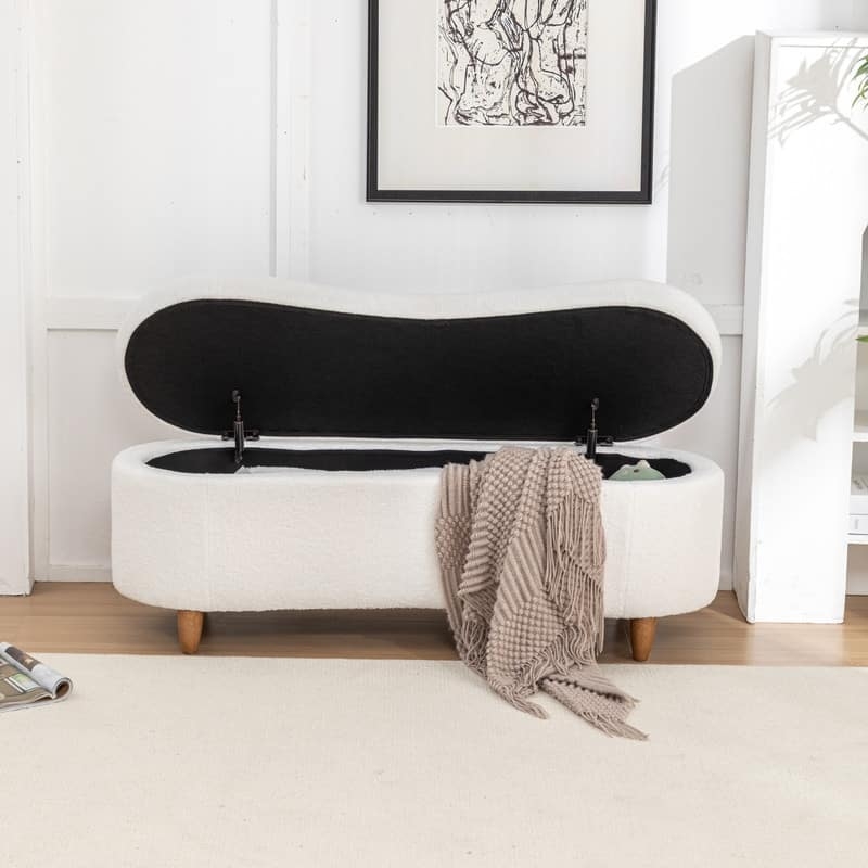 Storage Bench Boucle Texture White Pill Shape Minimalist Bedroom