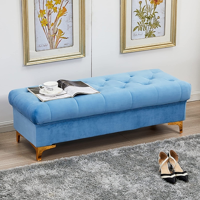 Storage Bench Button Tufted Top Gold Bracket Legs, Sky Blue Velvet