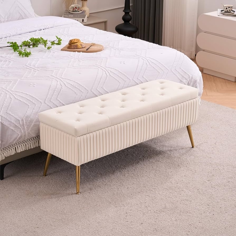 Storage Bench Button Tufted Top Vertical Ribbing Gold Legs