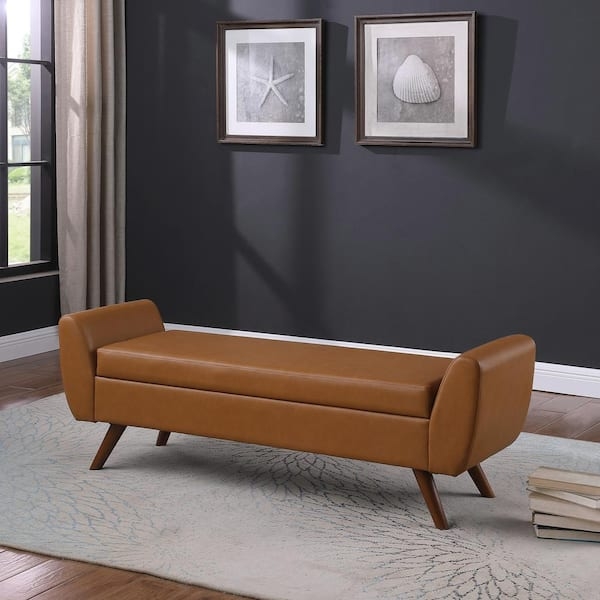Storage Bench Camel Tan Flared Arms Tapered Wood Legs Mid-Century
