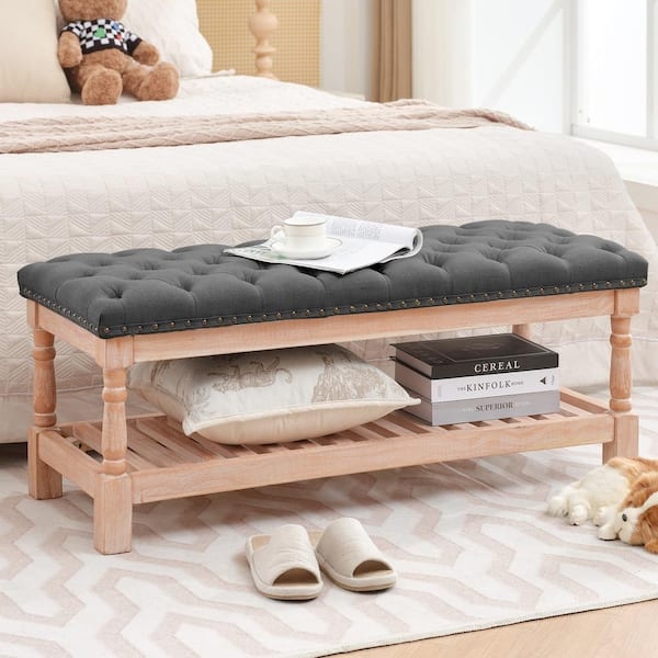 Storage Bench Carbon Ash Linen-Like Flip-Top Button Tufted Nailheads