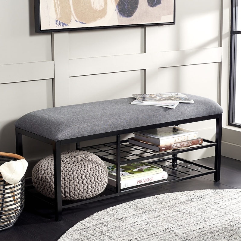 Storage Bench, Charcoal Gray & Wire Grid Shelves
