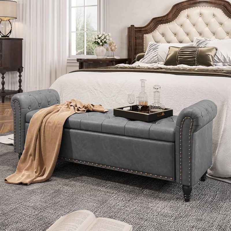 Storage Bench Charcoal Grey Rolled Arms Nailhead Trim, Grey Storage Bench.