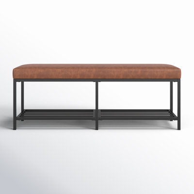 Storage Bench, Cream Button Tufted Seat, Wood Slatted Shelf Base