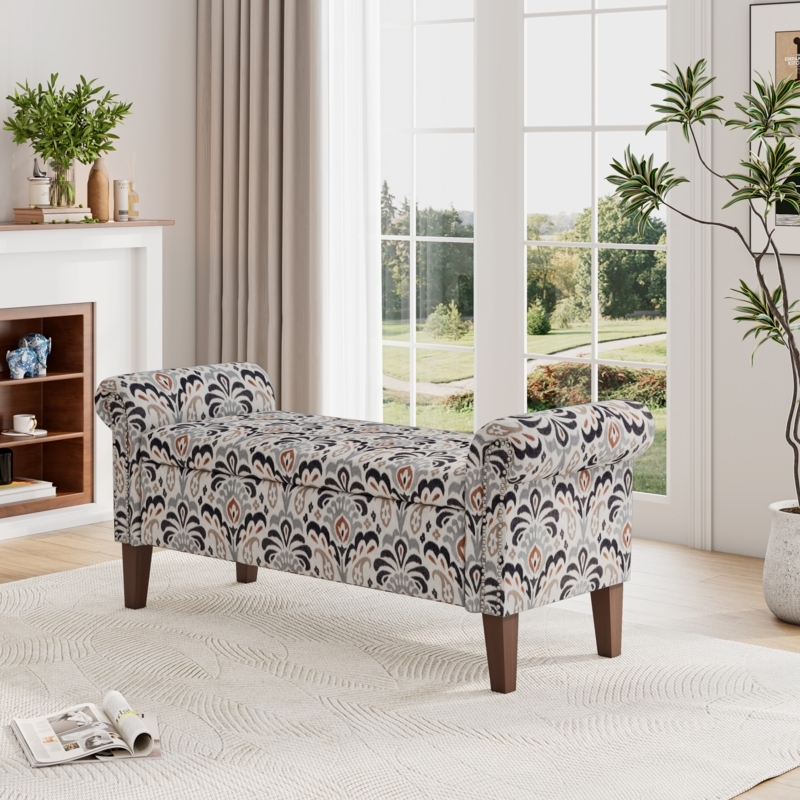 Storage Bench Damask Pattern Rolled Arms Nailhead Trim Turned Legs