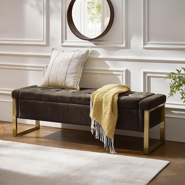 Storage Bench Dark Brown Velvet Bedroom Seating with Gold Sled Legs