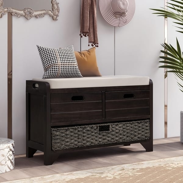Storage Bench Dark Espresso Finish Woven Basket Transitional Bench