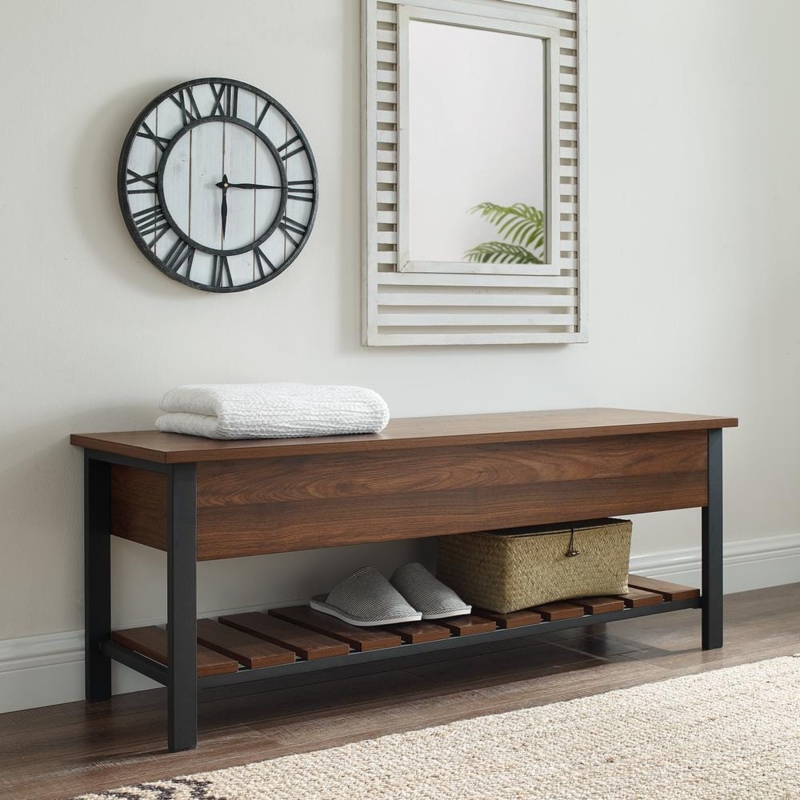 Storage Bench Dark Walnut Finish Slat Back Integrated Shoe Shelf Rustic
