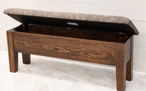 Storage Bench Dark Wood Flip-Top Upholstered Lid, Dark Wood Footboard Bench.
