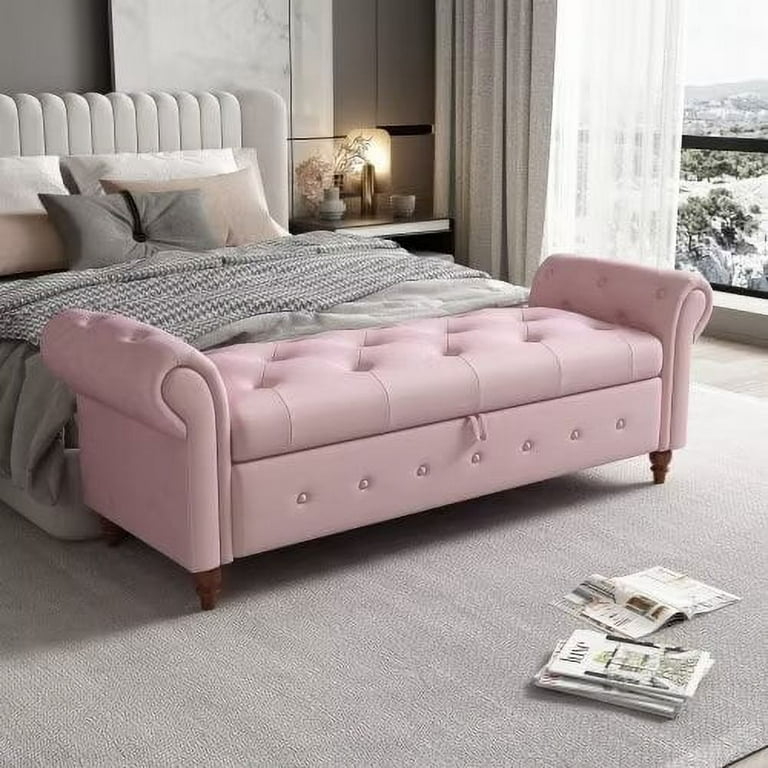 Storage Bench Dusty Pink Velvet Rolled Arms, Pink Bedroom Storage Bench.
