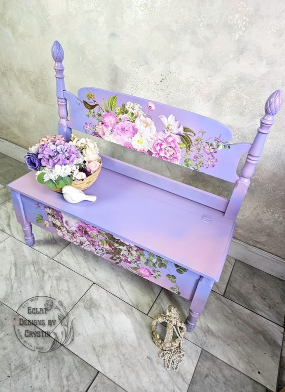 Storage Bench featuring Hand-Painted Floral Folk Art on Dark Wood