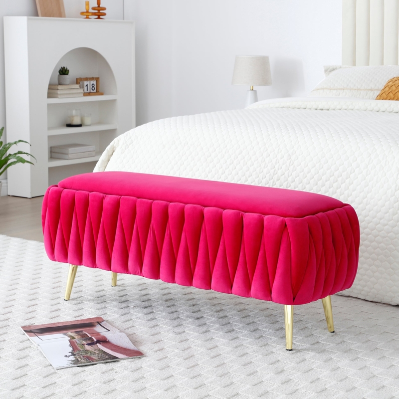 Storage Bench Fuchsia Velvet Braided Pleating, Braided Pleat Velvet Bench.
