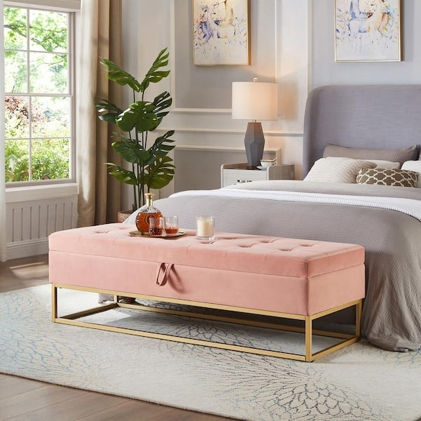 Storage Bench Glam Velvet Tufted Seat Polished Gold Base